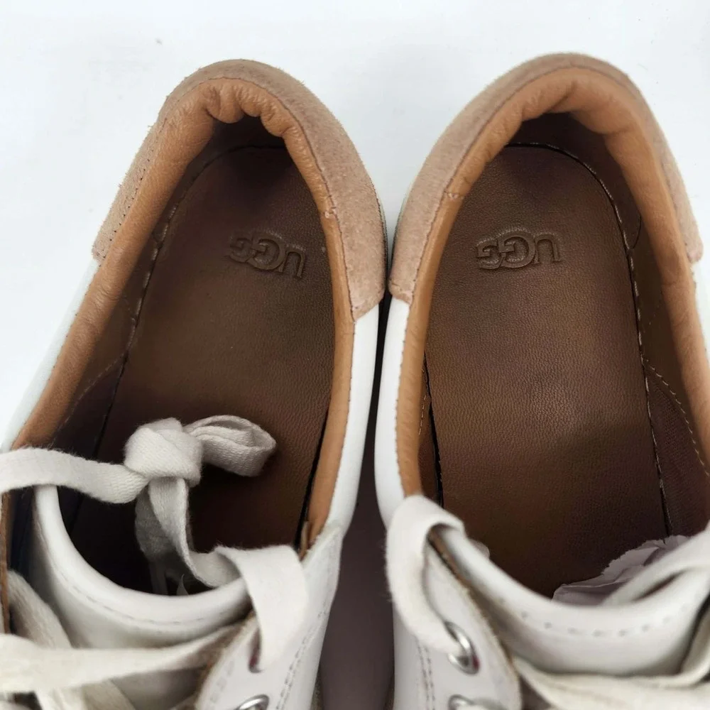 UGG South Bay Low Sneaker Women Size 10 White Leather Suede Tan Trim Good‎